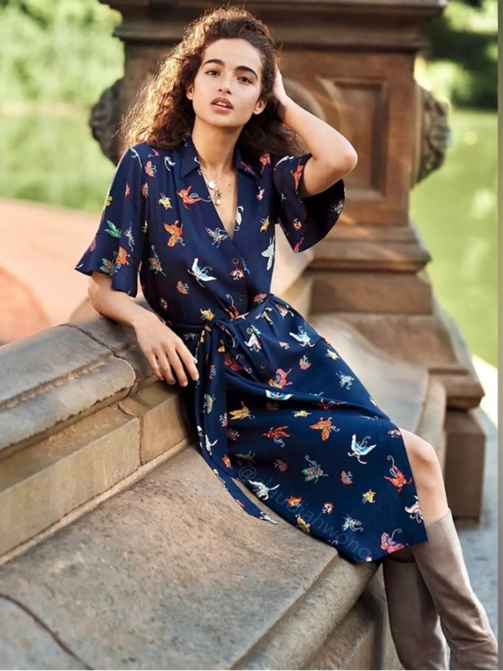 Anthropologie Maeve butterfly print shirt dress with waist tie SZ x small